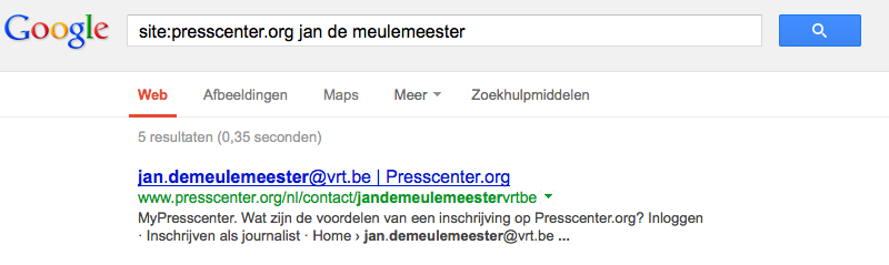 Jan De Meulemeester e-mailadres google zoekresultaten presscenter